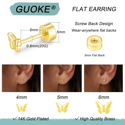 3 Pair Tiny Flat Back Earrings for Women - 14K Gold/White Gold Plated Dainty Cute Small Screw Flatback Stud Earring, Everyday Wear Gift - color: Butterfly Flat-4/5/6mm Gold