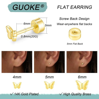 3 Pair Tiny Flat Back Earrings for Women - 14K Gold/White Gold Plated Dainty Cute Small Screw Flatback Stud Earring, Everyday Wear Gift - color: Butterfly Flat-4/5/6mm Gold