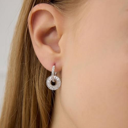 CoBi CZ Hoop Earrings for Women, 14K Gold Plated Round Cubic Zirconia Dangle Huggie Earrings, Dainty Silver Tone Earrings Jewelry Gifts - color: Sliver