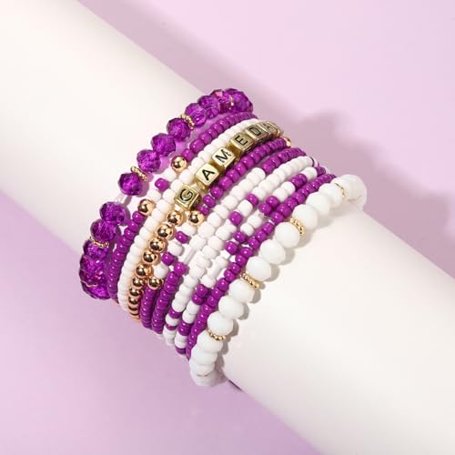 ZOLEAROPY Game Day Bracelets Stack Football Bracelets for Women Men Stackable Game day Bracelet Accessories Football Mom Outfit Jewelry Gifts - color: purple white