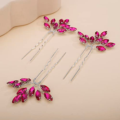 Teyglen 3pcs Bridal Crystal Hair Pins Rhinestones Hair Pieces Simple Crystal Wedding Hair Accessories Handmade Hair Pins for Women Bride(Rose Red) - color: Rose Red
