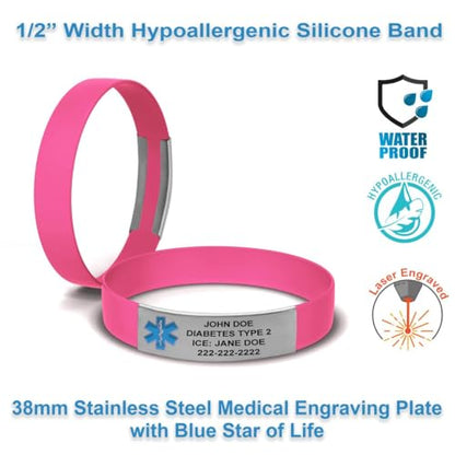 Engraved Medical Alert Bracelet - Small Hot Pink - color: Hot Pink, size: 6 3/4" (small)