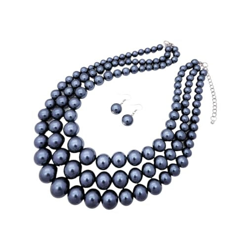 Simulated Pearl Necklace & Earring Set, Multi Strand - color: Dark Gray