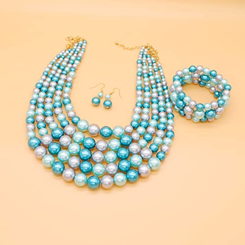 JNF Large Faux Pearl Necklaces for Women Multi strand Pearl Necklace Bracelet and Earrings Set 1920s Costume Pearls Necklace Jewelry Accessories - color: pearl necklace set blue