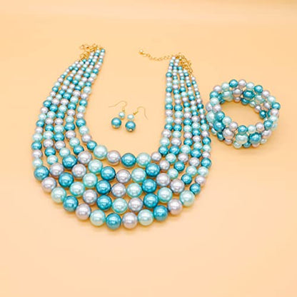 JNF Large Faux Pearl Necklaces for Women Multi strand Pearl Necklace Bracelet and Earrings Set 1920s Costume Pearls Necklace Jewelry Accessories - color: pearl necklace set blue