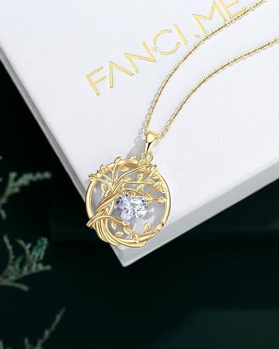FANCIME Tree of life Birthstone necklace Sterling Silver Pendant Birthstone Necklace Gemstone Anniversary Birthday Jewelry Mothers Day Gifts for Mom Her Wife - color: Yellow gold-4-simulated diamond