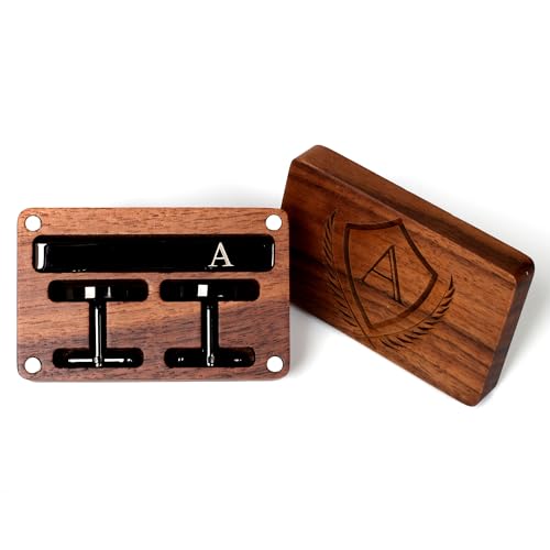 Mens Initial Cufflinks and Tie Clip A-Z Alphabet Letter Black Stainless Cuff Links Tie Bar with Engraved Walnut Wood Box Groom Groomsman Wedding Set - style: Classic-A