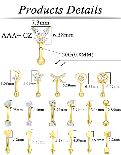 18Pcs Eyebrow Piercing Jewelry 16G Surgical Steel Curved Barbell Eyebrow Rings Butterfly Moon Vertical Labret Monroe Lip Belly Button Rook Daith Tragus Earrings for Women Men Gold Silver 10mm - color: Gold