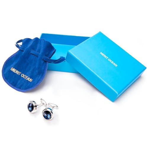 Mens Cufflinks Elegant Style Cuff Link Super Shiny Navy Blue Crystal Circular Cufflinks with Gift Box - color: Blue