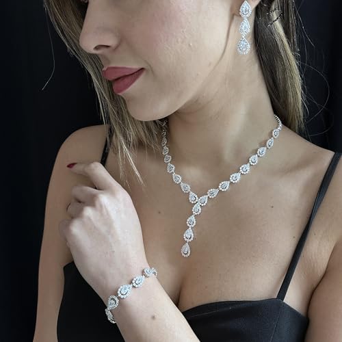 Bride Jewelry Set Silver Crystal Wedding Necklace Earrings Bracelet Set - Bridal Rhinestone Brass Pendant Accessories for Women and Bridesmaids - style: Jewelry Set 04