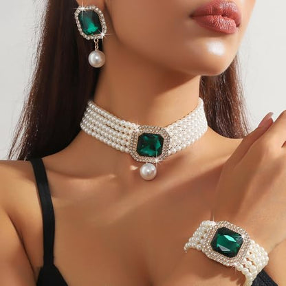 Fashion Bride Silver Black Green Bridal Layered Rhinestone Crystal 1920s Faux Pearls Necklace Earrings Bracelet Set Crystal Wedding Jewelry Set Rose Red Square Choker Necklace for Women - color: Green