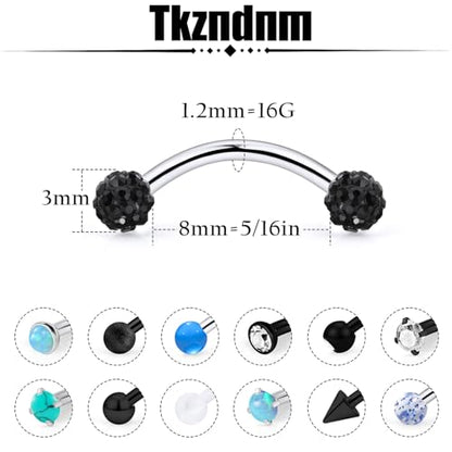 16g 8/10mm Silver/Black/Rose-Gold/Rainbow Eyebrow Piercing Jewelry Rings Curved Barbell Vertical Labret Lip Surgical Steel Small Belly Button Snake Eyes Tongue Rook Earrings for Women Men - color: Black / Blue, size: 16g*8mm*3mm