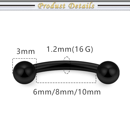Internally Threaded Eyebrow Piercing Jewelry Surgical Steel Tiny Eyebrow Rings Vertical Labret Lip Jewelry Small Ear Rook Earring for Women Men 18g 16g 14g Plus Piercing Ball Grabber Tool - color: black, size: 16g,ball end