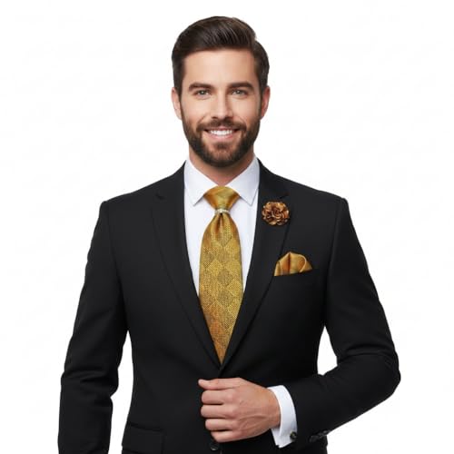 5PCS Mens Silk Tie, Pocket Square, Cufflinks, Drilled Tie Ring and Lapel Pin Set for Wedding Groom Party - color: Gold Tie Set -127