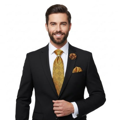 5PCS Mens Silk Tie, Pocket Square, Cufflinks, Drilled Tie Ring and Lapel Pin Set for Wedding Groom Party - color: Gold Tie Set -127