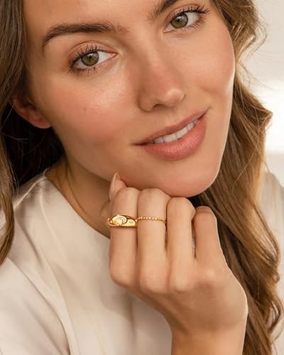 YeGieonr Gold Rings for Women Non Tarnish, 18K Gold Plated Stainless Steel North Star Signet Ring, Waterproof Dainty Pinky Statement Ring, Tarnish Free Gold Jewelry for Women - color: Moon&Star Dome