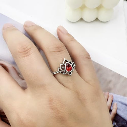 Lotus Ring for Women - Zircon Inlaid Flower Promise Ring - My Trauma Inspirational Statement Floral Jewelry Gift - color: red