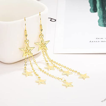 925 Sterling Silver Dangle Earrings with Charms Heart, Water drop, Moon, Star Long Drop Earring for Women Jewelry Gifts Hypoallergenic - color: star-gold