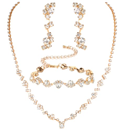 Telooco Jewelry for Prom,Silver Necklace for Women Prom, Rhinestone Crystal Necklace Bracelet Earrings Set, Silver Accessories for Women Jewelry for Wedding Party