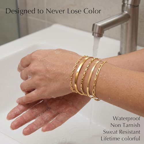 Dainty Gold Bracelet for Women Trendy Non Tarnish, Thin Bracelets Stackable Set with Bangle Cuff, Box, Herringbone, Paperclip, Figaro, Sparkling Link Chains Waterproof, Simple Jewelry Gifts for Women - color: style 04-gold