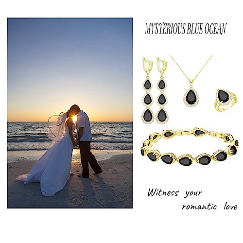 LMXXVJ Necklace Long Earrings Bracelet Set, White Gold Plated Created Blue Sapphire Jewelry Set Wedding Party Gift Jewelry for Women Bridal Bridesmaid - color: Gold-Black Ring