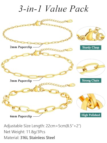 FaithHeart Waterproof Ankle Bracelets for Women, 1/2/3Pcs Non Tarnish Stainless Steel Layered Anklet Set Paperclip Figaro Cuban Link Chain Dainty Summer Beach Jewelry Gift Adjustable Size - style: d.Paperclip 3Pcs - Gold