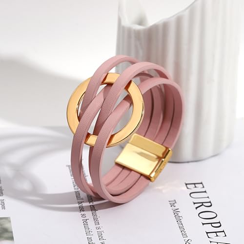hotoo Circle Charm Bracelets for Women Handmade Leather Wrap Bracelets for Couples Friendship Bracelet Bohemian Cuff Bangle Boho Jewelry Gift - color: New Pink