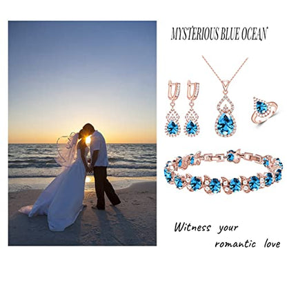 LMXXVJ Women Jewelry Set Platinum Plated Necklace Open Ring Earrings Bracelet Set,Birthday/Anniversary Mother’s Day Jewelry Gifts for Mom/Wife/Sister/Best Friend - color: Rose Gold-Sky Blue
