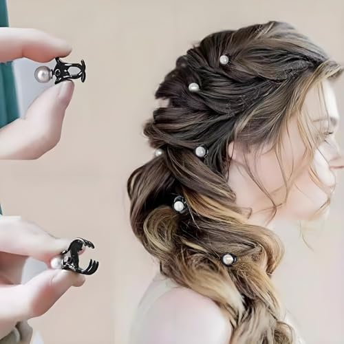 Mini Pearl Claw Clips for Women Girls, Black, 7 Pcs | Small Non Slip Jaw Clips, Strong Hold, For Thin Thick Curly Hair, Decorative Hair Barrettes
