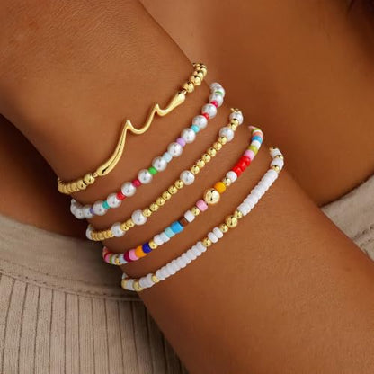 Turandoss 5PCS 14K Gold Plated Beaded Stretch Bracelets Set for Women | Stacked Bow Cross Wave Knot Pearl Beads Bracelet Set, Waterproof 7 Inch Stretch Elastic, Summer Jewelry Gifts for Women Girls - color: 5PCS Wave Beaded Bracelets
