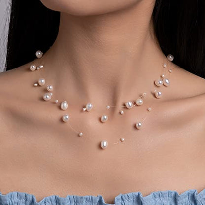 925 Sterling Silver Dainty Freshwater Cultured Pearl Choker Necklace White Genuine Real Pearl Charm Necklaces Jewelry Gifts for Her - color: Satellite Pearl-Silver 3Plus
