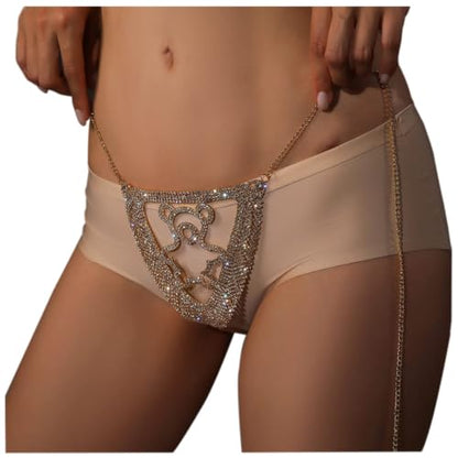 Women Sexy Rhinestone Waist Body Chain Bikini Thong Panties Crystal Body Chain Jewelry (Gold) - color: Bear