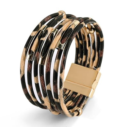Wrapped Bracelets for Women,Leather Boho Bracelets for Women - color: Leopardprint-Beige