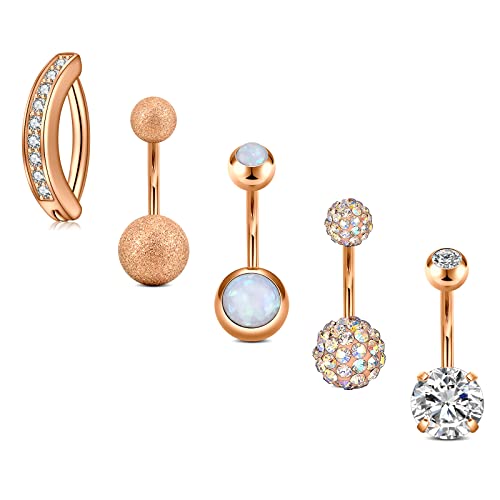 Belly Button Rings Stainless Steel 14G CZ Opal Navel Rings Barbells Women Girls Belly Piercing Jewelry - color: Rose Gold Color-Clicker-StyleC: 5PCS