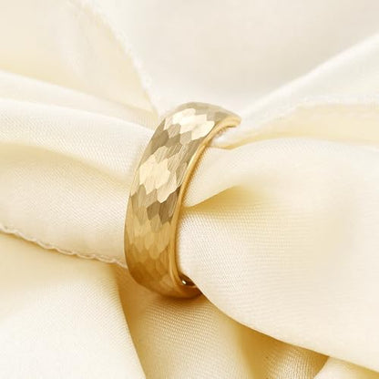 4-6mm Hammered Tungsten Wedding Band Matte for Men and Women | Matte Brushed Finish, Scratch and Fade Resistant, Engraved Faceted Pattern, Dome Profile, 4mm/6mm/8mm, Sizes 6–12 - color: 6mm Hammered Gold
