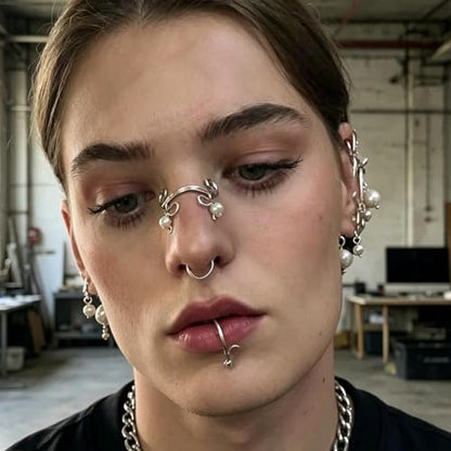 Punk Pearl Nose Clip No Piercing Faux Pearl Nose Ring Copper Adjustable Fashion Nose Jewelry Clip on Earrings