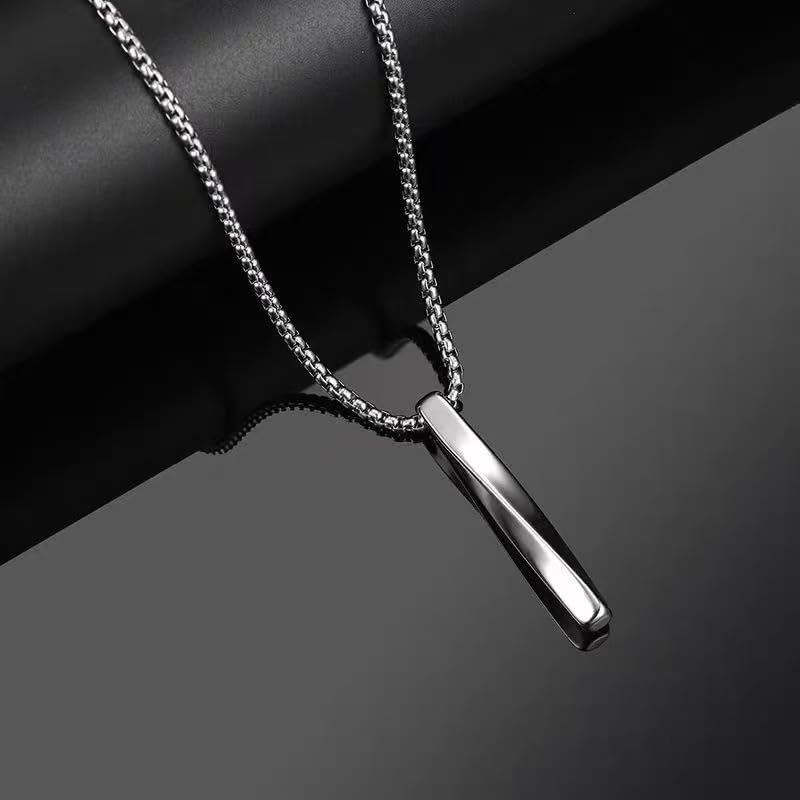 18K Gold Plated Minimalist Twisted Bar Pendant Necklace for Men and Women, Sleek Geometric Vertical Stick Jewelry with Stainless Steel Box Chain, Modern Unisex Design in White Gold Finish