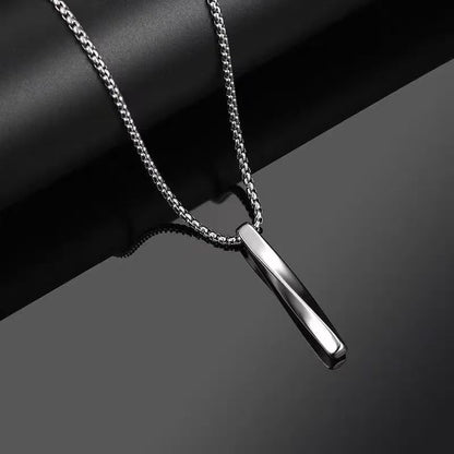 18K Gold Plated Minimalist Twisted Bar Pendant Necklace for Men and Women, Sleek Geometric Vertical Stick Jewelry with Stainless Steel Box Chain, Modern Unisex Design in White Gold Finish