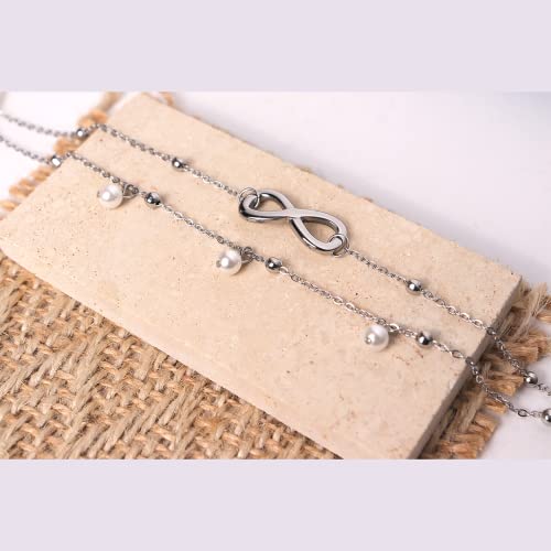 Jean Beau Infinity Beach Anklet bracelet for Women Teen Boho Waterproof Double Layered Dainty Beads Chain Charm Ankle Pearl dangling foot Jewelry Gift - color: Silver