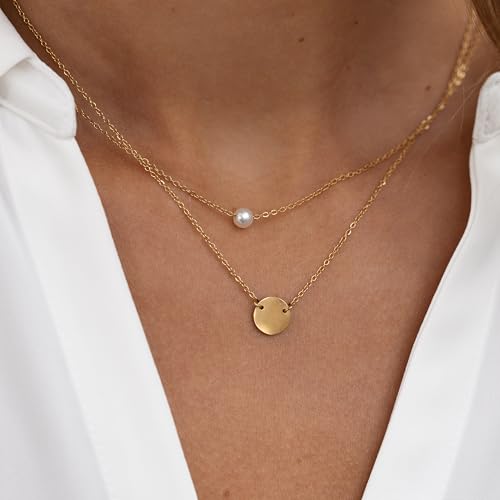 Tewiky Dainty 14k Gold Plated/Silver Cubic Zirconia Necklaces for Women, Simple CZ Jewelry Necklaces Trendy Gifts - color: layered pearl necklaces gold