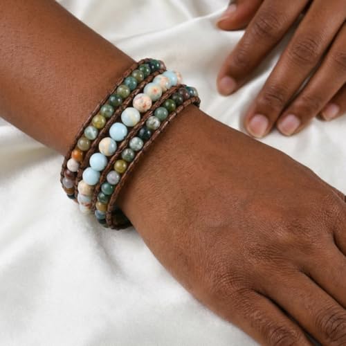 YGLINE Boho Handmade Natural Stone Bead 3 Row Wide Wrap Wrist Statment Bracelet Jewelry Collection - color: Serpentine stone