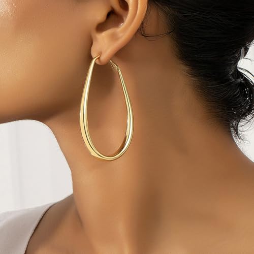 Chunky Large Oval Hoop Earrings for Women Sparkly Gold Teardrop Dangle Earrings Thick Bold Silver Hoop Drop Earrings Oval Stainless Steel Hoop Earrings Fashion Costume Jewelry Accessories - color: Gold