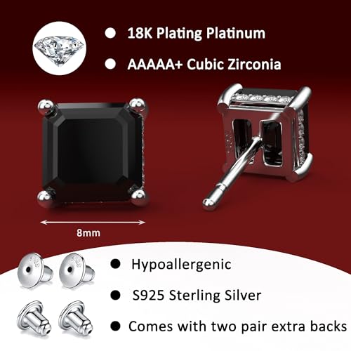 Asscher Cut Cubic Zirconia Stud Earrings for Men Women | Square CZ Simulated Diamond Studs, 18K White Gold Plated Sterling Silver - color: Black, size: 8MM