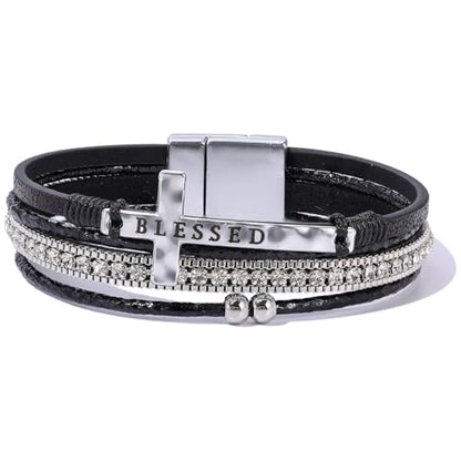 Boho Leather Wrap Bracelets Beaded Stackable Cuff Bracelet Country Concert Outfits Cowboy Cowgirl Western Jewelry Gifts for Women - color: Cross-Black