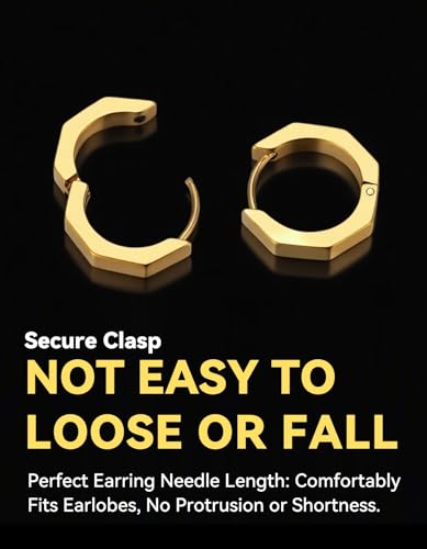 ChainsHouse Stud Earrings for Men Women,316L Stainless Steel/14K Gold/Black Plated Metal, Punk Hypoallergenic Surgical Huggie Hoop Earrings Mens Jewelry Piercing Hoop Earrings - style: E: Gold-Octagon(1 Pair)