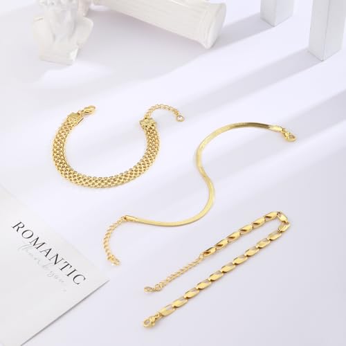 Gold/Silver Bracelets for Women,14K Real Gold Plated Bracelets Stack Trendy Jewelry Sets Stackable Snake Chain Figaro Paperclip Link Chain Adjustable Bracelet Pack Jewelry for Women - style: 3PCS-GD
