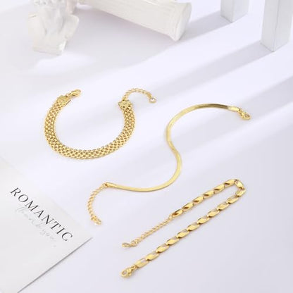 Gold/Silver Bracelets for Women,14K Real Gold Plated Bracelets Stack Trendy Jewelry Sets Stackable Snake Chain Figaro Paperclip Link Chain Adjustable Bracelet Pack Jewelry for Women - style: 3PCS-GD