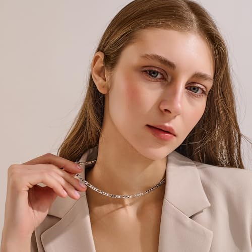 925 Sterling Silver Figaro Chain Necklace for Women and Men, 4mm Hypoallergenic Nickel-Free Silver Necklace Chain, Lobster Clasp Mens Chains Durable Waterproof Gift Ready Jewelry - size: 16 IN