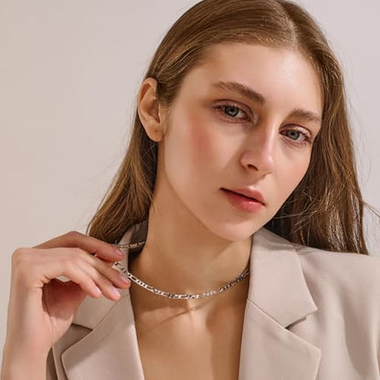 925 Sterling Silver Figaro Chain Necklace for Women and Men, 4mm Hypoallergenic Nickel-Free Silver Necklace Chain, Lobster Clasp Mens Chains Durable Waterproof Gift Ready Jewelry - size: 16 IN