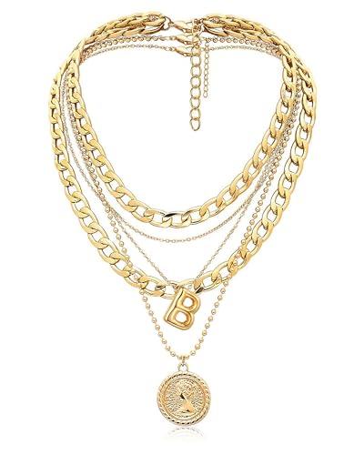 MJartoria Layered Necklaces for Women Trendy Balloon Initial Coin Pendant Necklace Dainty Chunky Chain Choker Necklaces Jewelry Birthday Gifts - color: Gold, style: B